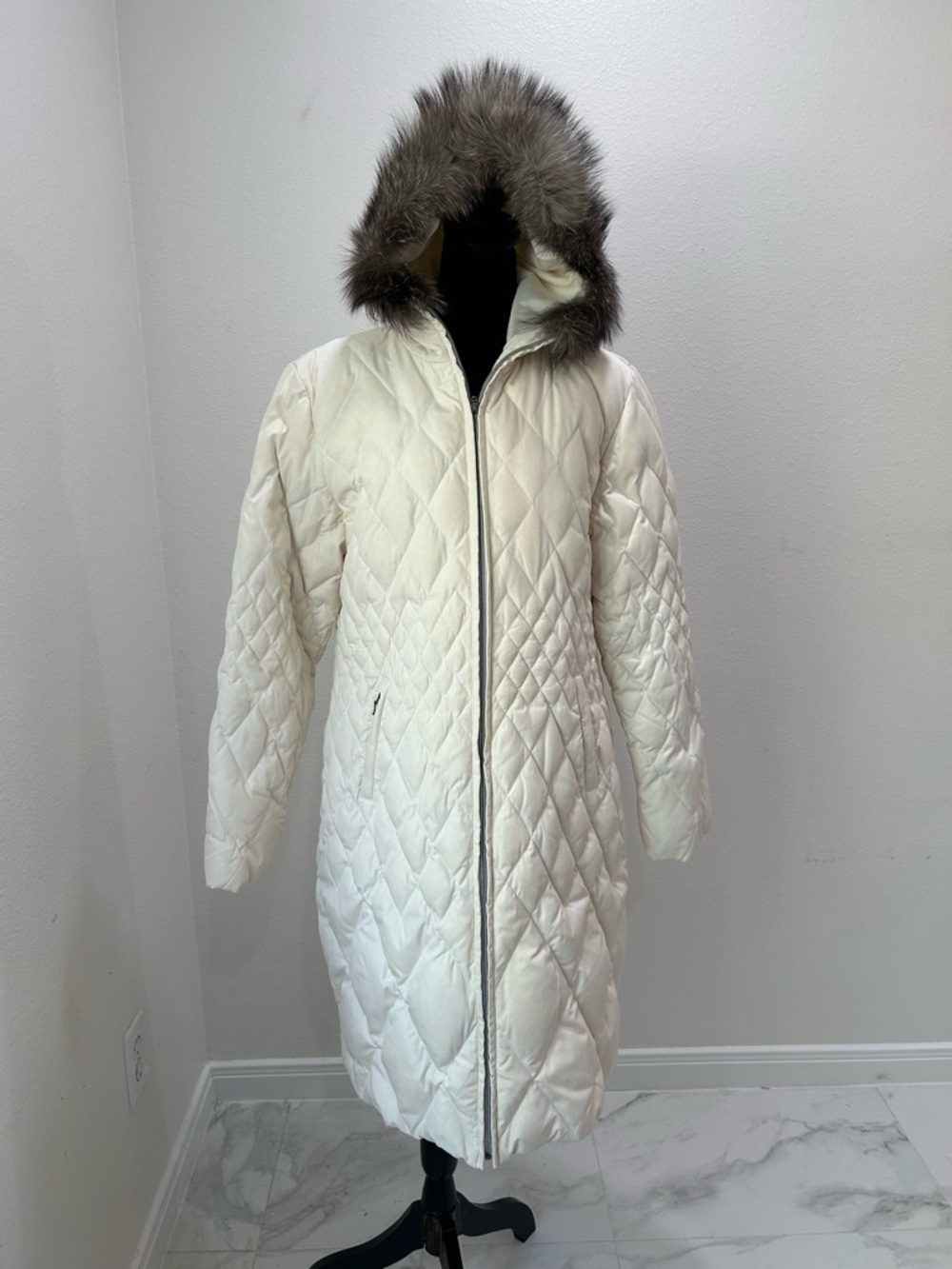 Marvin Richards Vintage Quilted Long Puffer Coat with Trim Authentic Fox Fur, Lg